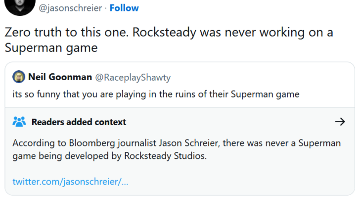"Это не правда": Джейсон Шрайер опроверг слухи на тему разработки Rocksteady игры о Супермене